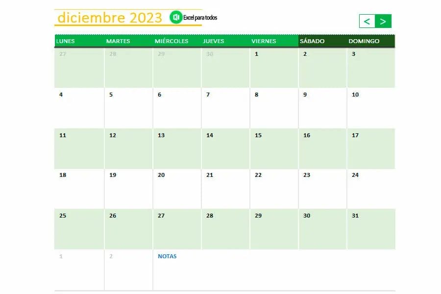 Calendario mes diciembre 2023 en Excel