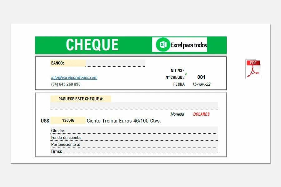 Formato de cheque - Plantilla Descargable en Excel