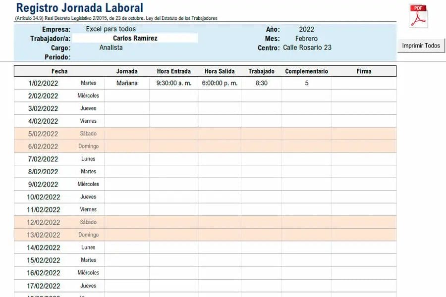 Plantilla Registro Jornada Laboral Excel