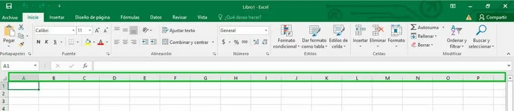 Encabezado de columnas en la ventana de Excel