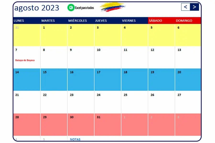 Calendario Agosto 2023 colombia