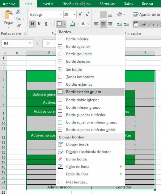 Formato bordes en estados financieros en Excel