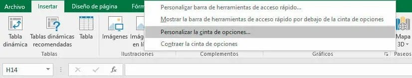 Personalizar cinta de opciones para mostrar la barra de herramientas en Excel