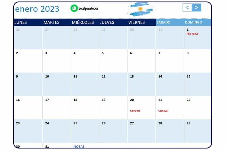 calendario enero 2023 argentina