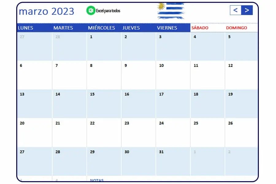 Calendario marzo 2023 Uruguay