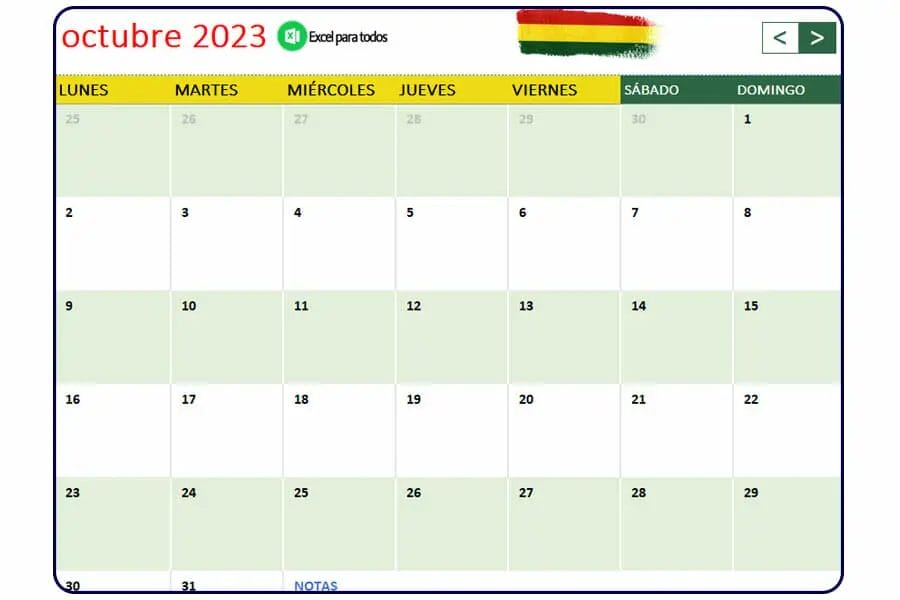 Calendario octubre 2023 Bolivia