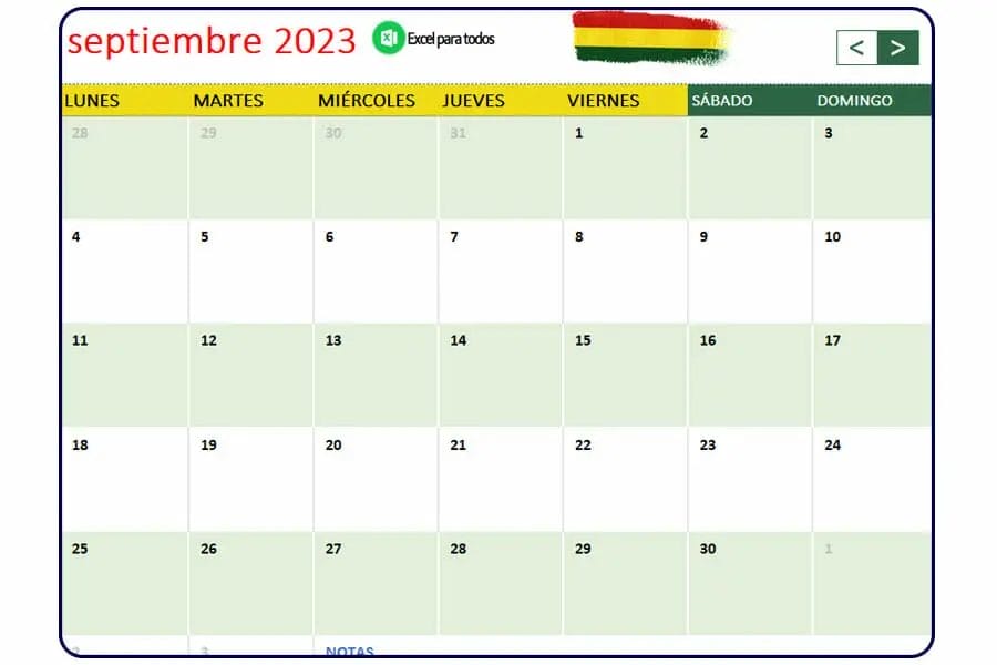 Calendario septiembre 2023 Bolivia
