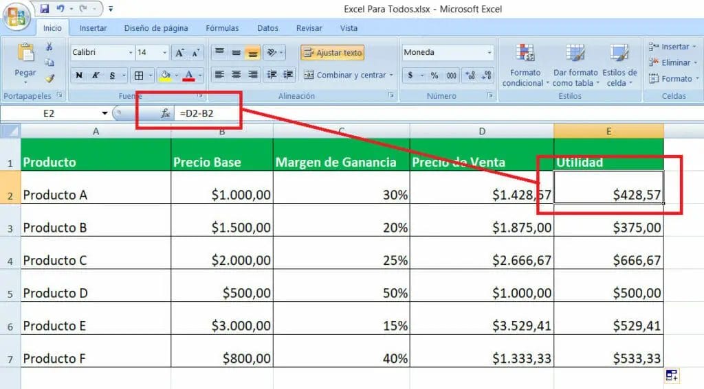 Como calcular el margen de utilidad en Excel paso 4