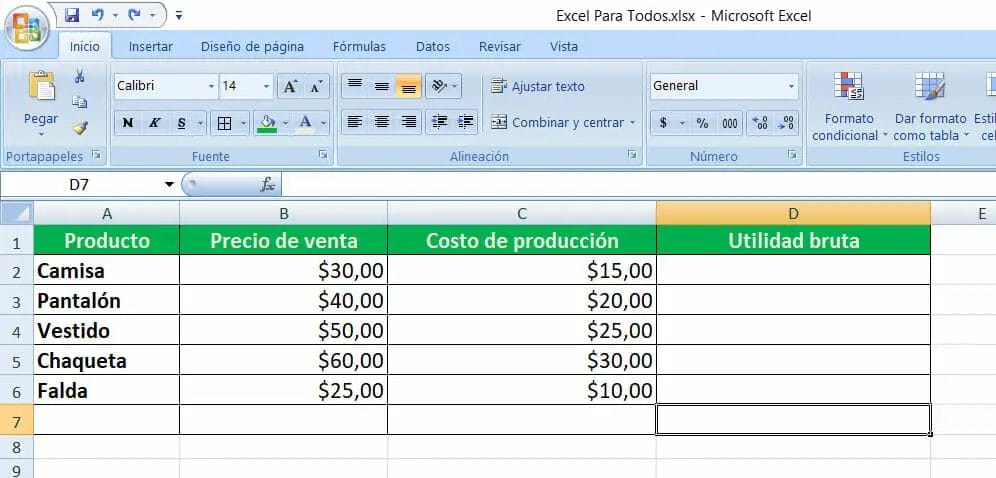 Como se calcula el margen de utilidad bruta en Excel paso 2