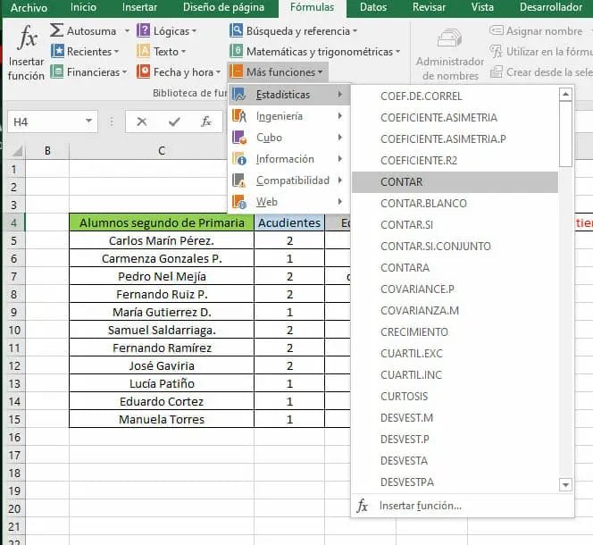 Ejemplo función CONTAR en Excel paso 1