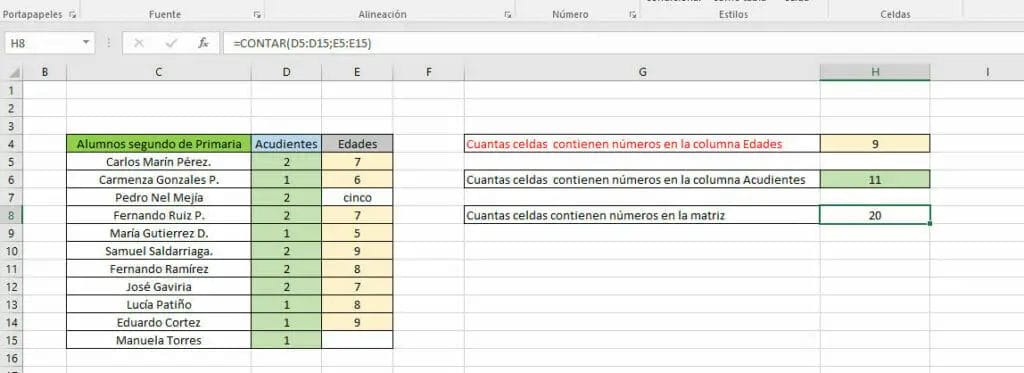 Ejemplo función CONTAR en Excel paso 4