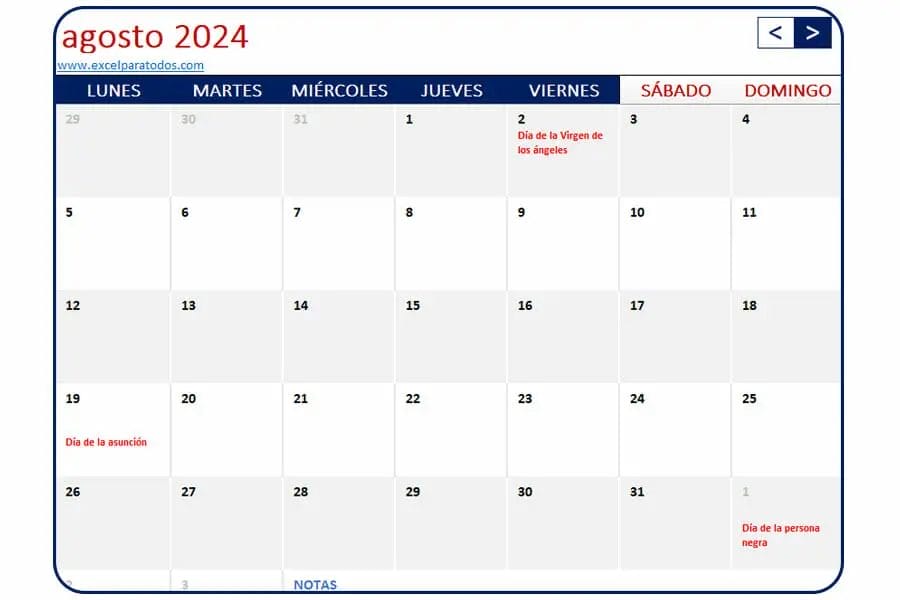 Calendario agosto 2024 Costa Rica