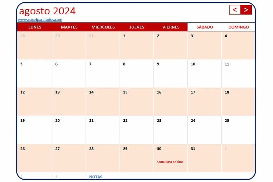 Calendario agosto 2024 Peru