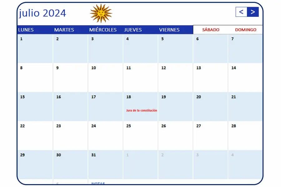 Calendario julio 2024 Uruguay